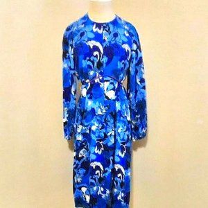 Vintage Blue Paisley Wave Swirl Print festival 1960s metal zipper midi dress